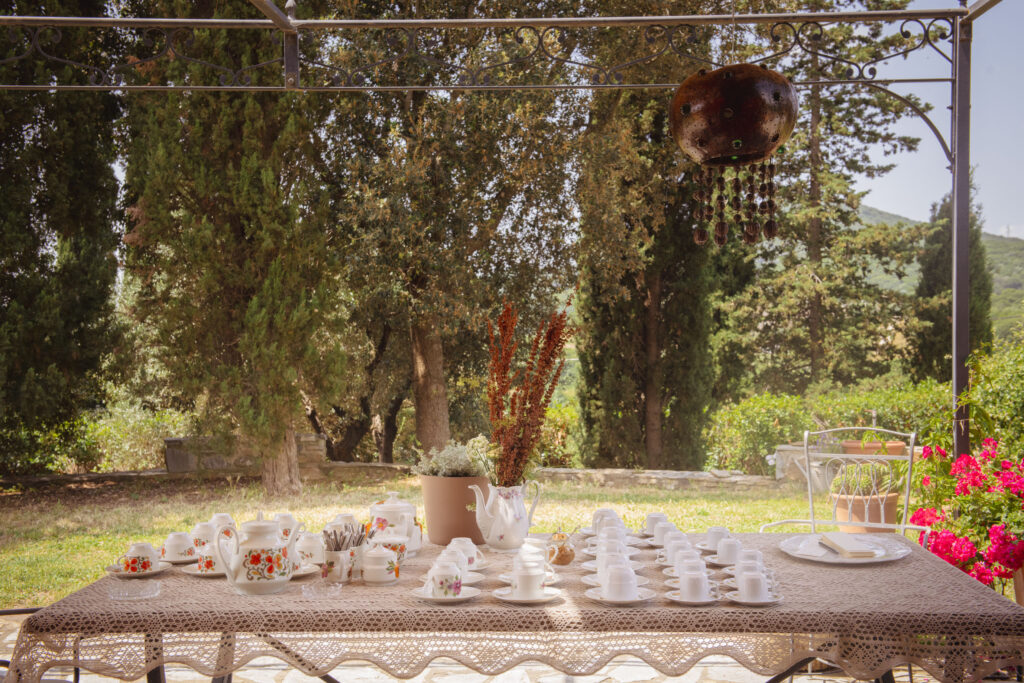 teiere e tazze decorate con fiori e bianche su un tavolo in un giardino con alberi e caraffa con pianta rossa